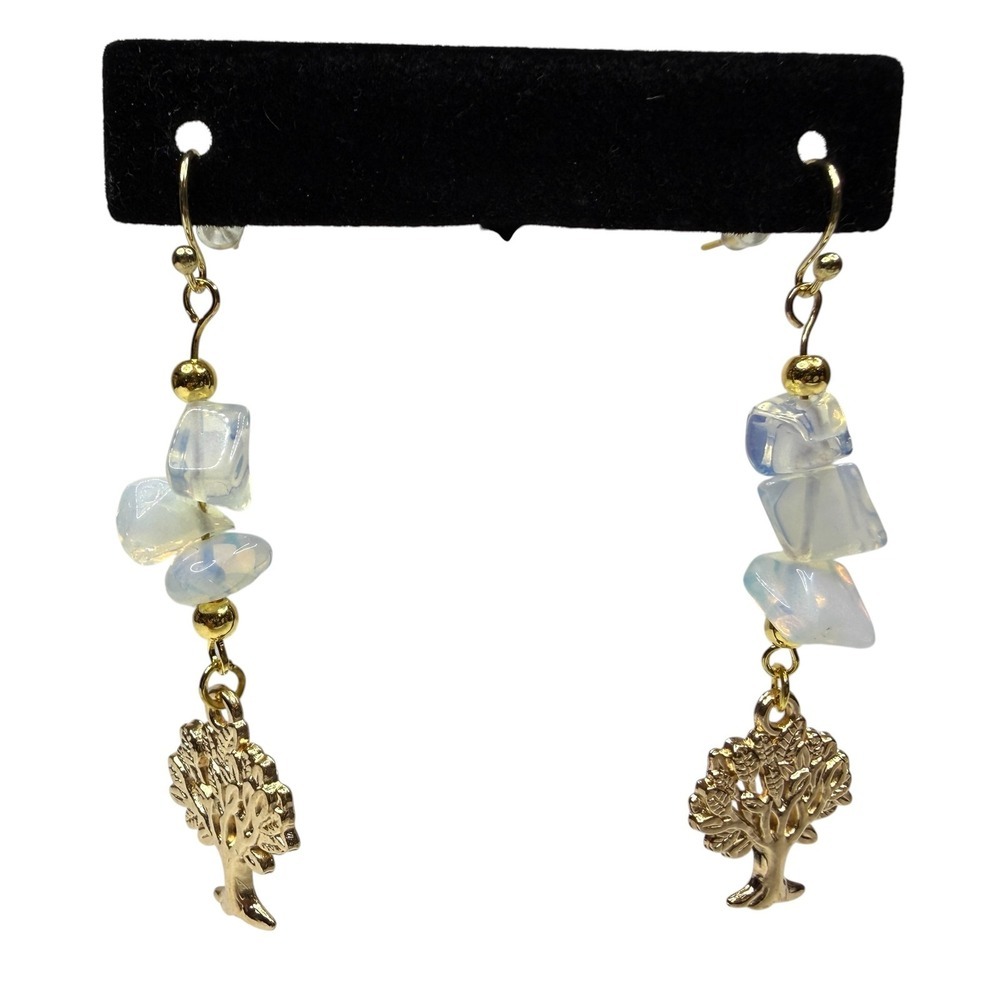 18K Gold Hook Opalite Chip Stone Tree of Life Dangle Earrings Jewelry
